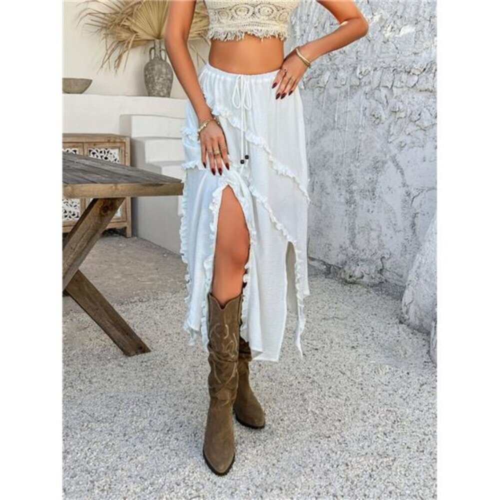 Devine Slit Drawstring Ruffled Skirt